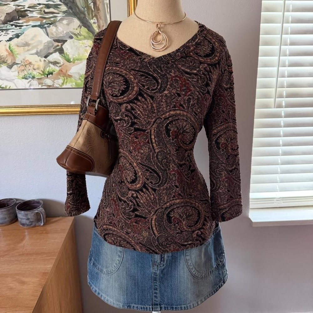 Vintage Multiples 90s Whimsigoth Paisley 3/4 Sleeve Top Brown Multi Size 0 S